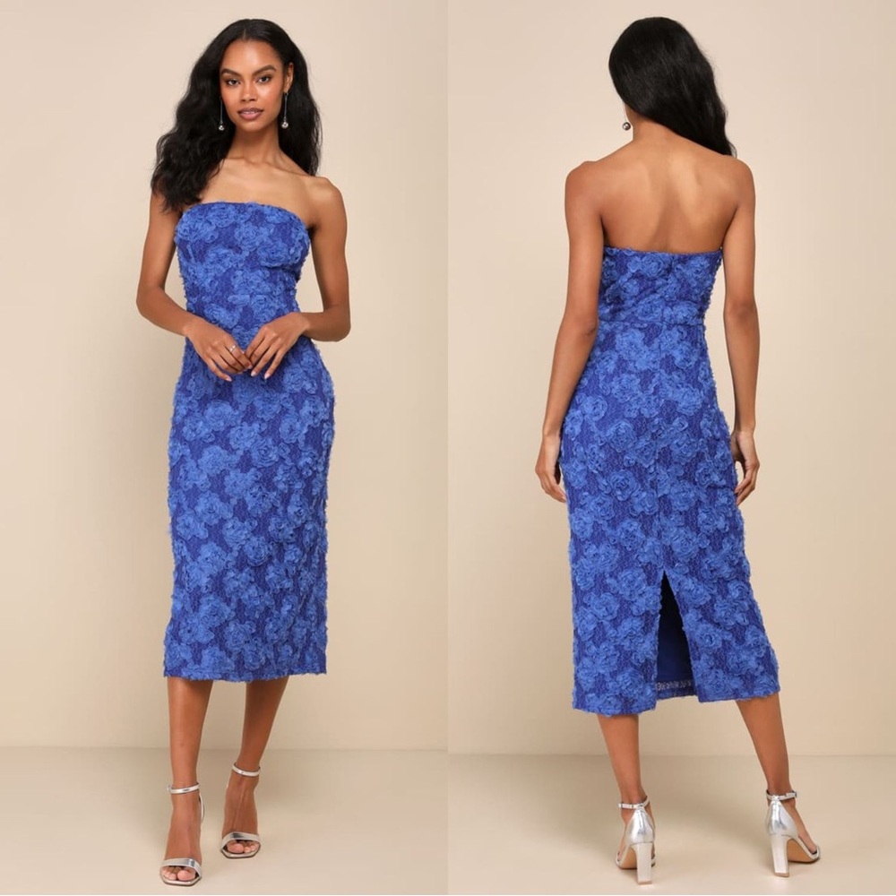 NWT Lulus Flawless Perfection Blue Floral Appliqué Strapless Midi Dress Size XS